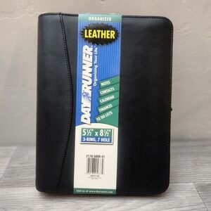 DayRunner Black Leather Organizer Planner 3-Ring 7-Hole 5.5x8.5 Zip Notes Track